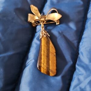 Gold Bow Pendant with Tiger's Eye Charm